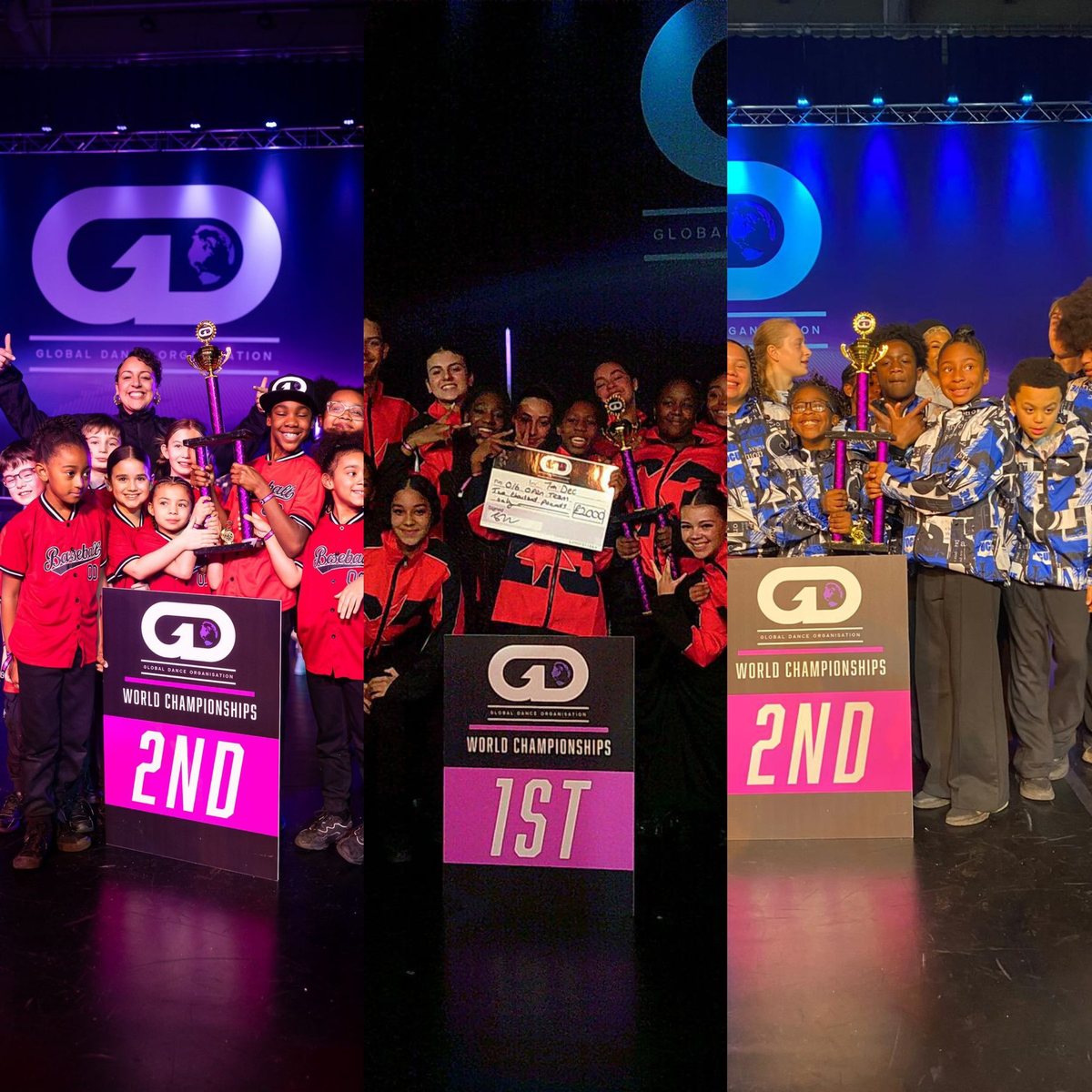Three Warriorz groups on the podium at the GDO World Championships, beside second, first and second place boards